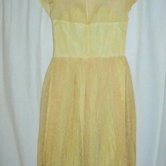 50s Pale Yellow Chiffon Floral Dress Sweatheart - Picture 8 of 8
